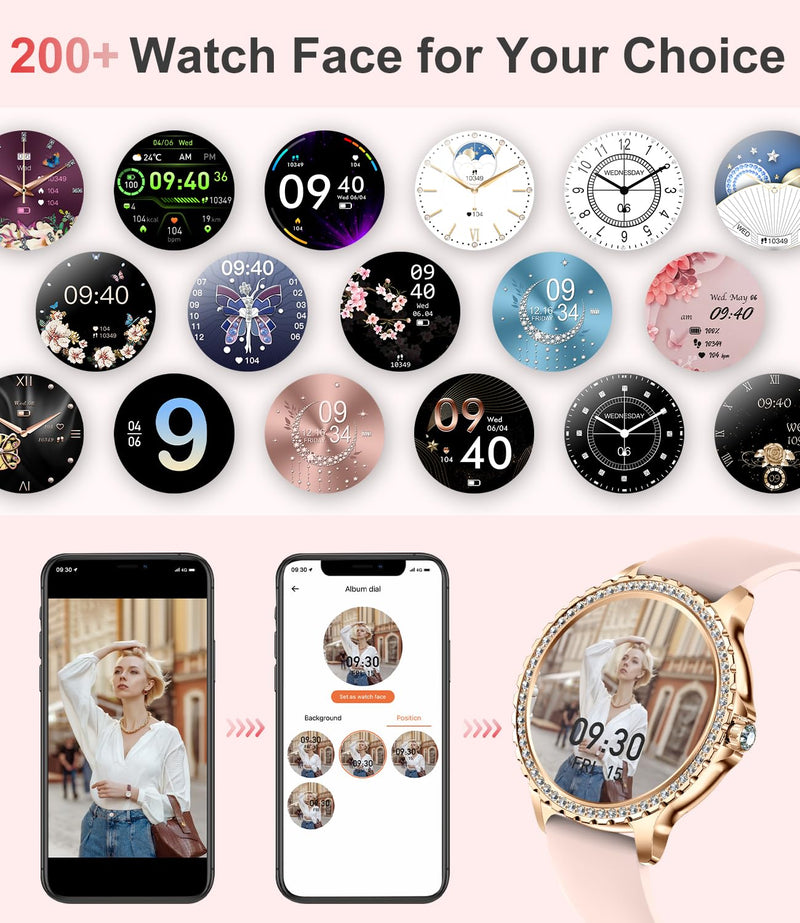 LIGE Smart Watch for Women(Answer/Make Calls),1.3"HD Diamonds Luxury Smartwatch for Android iPhone Phones,Fitness Trackers with 20+ Sport Modes/Heart Rate/IP68 Waterproof/SpO2/Sleep Monitor,Rose gold Rose Gold