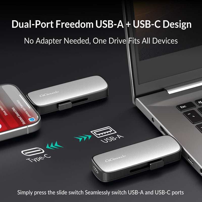 GiGimundo 512GB External Portable SSD, Up to 1073MB/s Dual Port USB C Thumb Drive USB 3.2 Gen 2+USB A Solid State Drives for iPhone 15/16/17/Android/Mac,Silver Silver