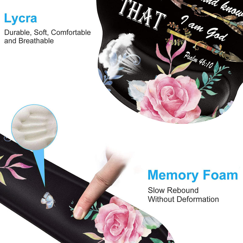 Keyboard Wrist Rest and Mouse Pad Wrist Support Set with Coffee Coaster, Non-Slip PU Base for Gaming and Office, Comfortable & Lightweight for Easy Typing & Pain Relief,Flower Bible Verse Psalm 46:10 Flower Bible Verse Psalm 46:10