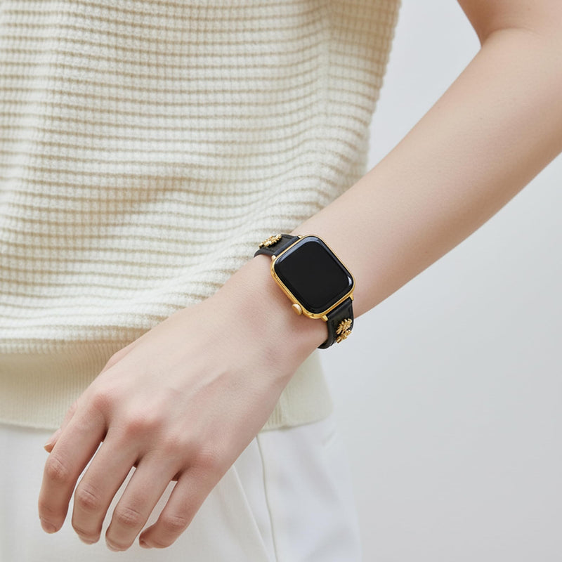 Daisy Genuine Leather Watch Band for Women Compatible with Apple Watch 38/40/41/42/44/45/46/49mm, for iWatch 11/10/9/8/7/6/5/4/3/2/1 Ultra SE, Copper Flower Strap Black & Gold 42(Series 10-11)/38/40/41mm