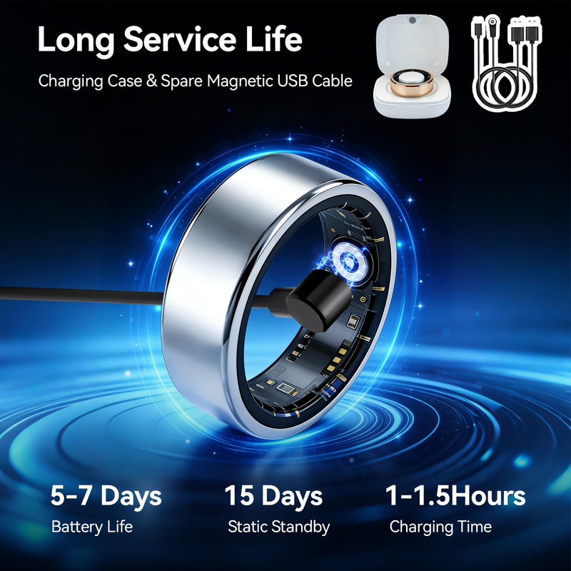 Smart Ring Fitness Tracker for Women and Men, Heart Rate Monitor, Sleep and Stress Monitoring, Menstrual Cycle Tracking, Step Counter, IP68 Waterproof, No Subscription, Compatible with iOS and Android Silver 7