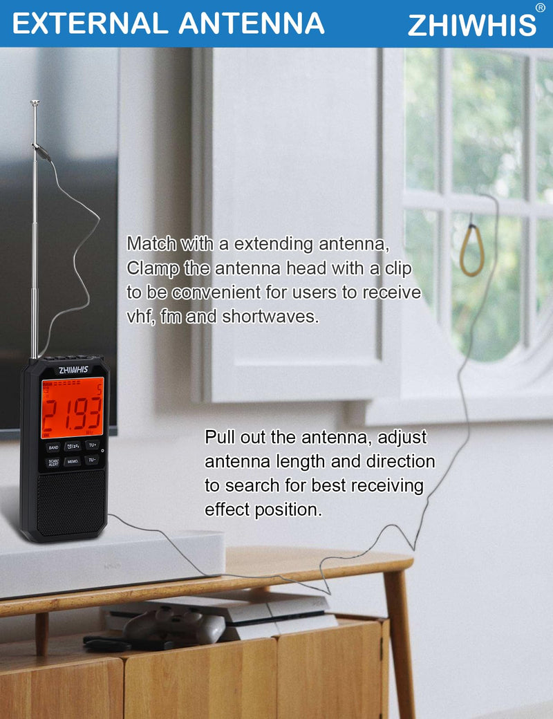 [AUSTRALIA] - ZHIWHIS Portable Radio, AM FM Stereo SW NOAA Weather VHF Receiver with Alerts, Rechargeable DSP Pocket Radios with 9.85Ft Wire Antenna, 900mAh/396Presets/Alarm Clock/Sleep Timer for Walking ZWS-878 