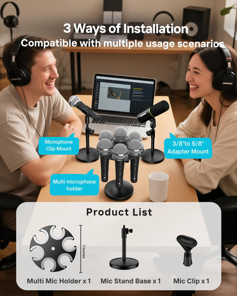 Desk Mic Stand with Multi Microphone Holder|Heavy Metal Base Anti-Tip Design|Adjustable Height Stand for Podcast&Studio|Holds 6 Mics|Clip & Mount Adapter for Shure SM57/SM58/SM7B,Blue Yeti,Fifine Mics