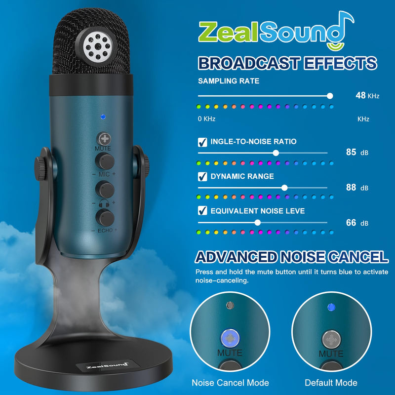 ZealSound USB Condenser Microphone,Computer PC Gaming Mic,Plug&Play Microphones for PS 4&5.Monitor Adjust&Volume Control,Mic Gain Control,Mute Button for TikTok,YouTube Podcast on Mac&Windows(Teal) Teal