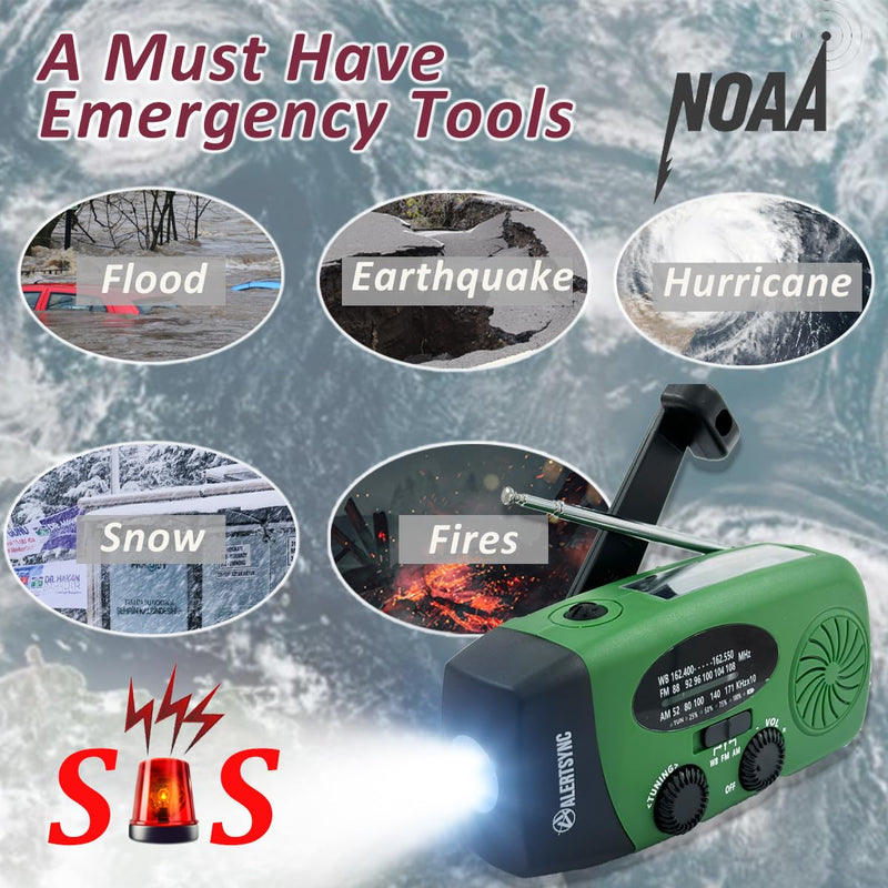 [AUSTRALIA] - 5000mah Alertsync NOAA Weather Emergency Radio with Solar Charging, AM FM Hand Crank Windup Radio SOS Alarm LED Flashlight with Earphone Jack for Home, Camping, Survival Hurricane (Green) 5000mah green 