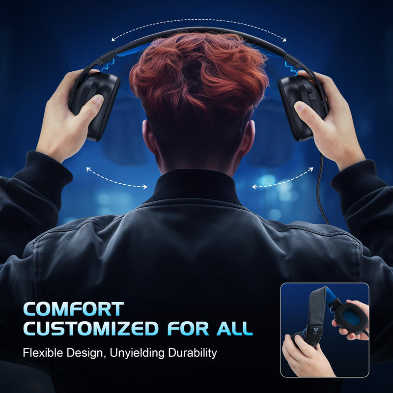 Vakedy Wired Gaming Headset for PC, PS5, PS4, Switch, Gaming Headphones with Noise Canceling Microphone,Computer Headsets with 3.5mm Audio Jack,Folding Design (Black/Blue) Black/Blue