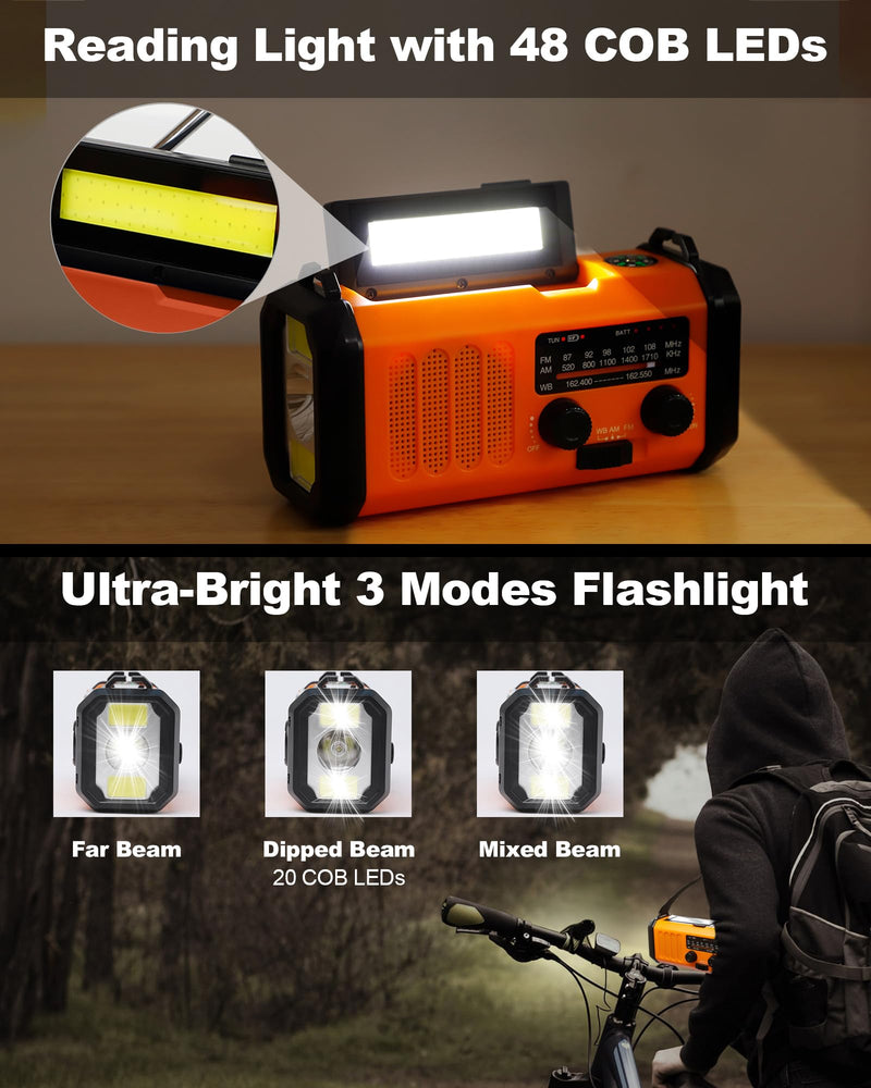 48100mWh/13000mAh Emergency Weather Radio, 4 Way Powered AM/FM/NOAA Portable Solar Crank Radio, Dynamo Phone Charger,700LM LED Flashlight/Reading Lamp,SOS,Compass for Hurricane Storm Camping Survival 13000mAh（Orange)