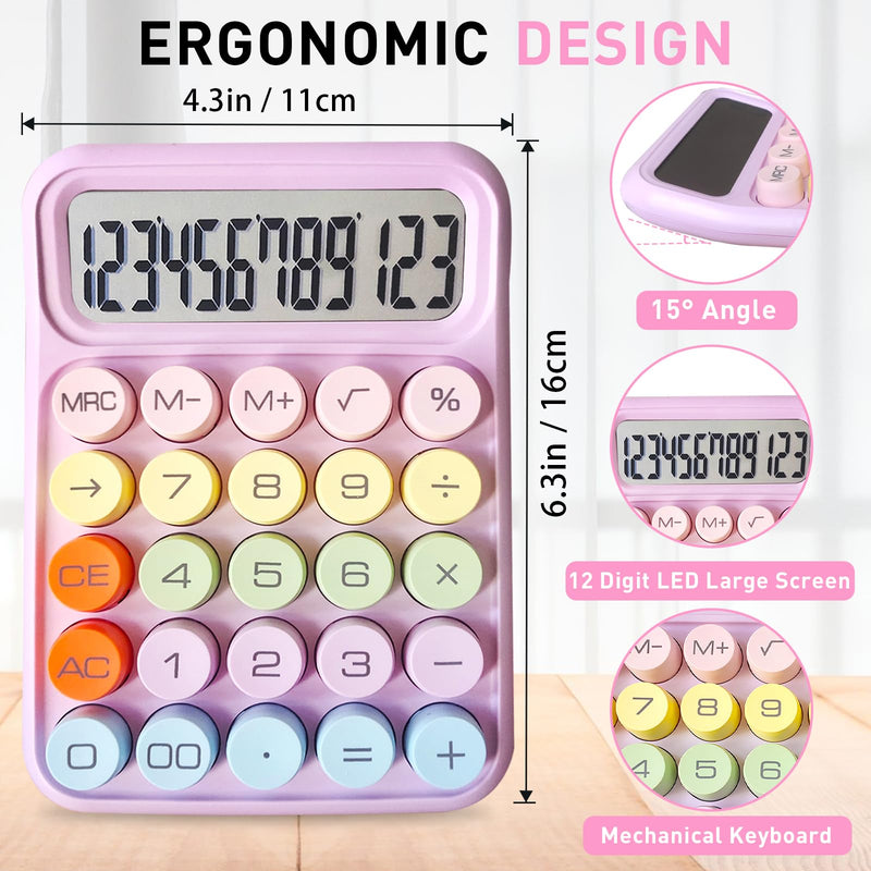 [AUSTRALIA] - Mechanical Calculator,Pink Calculator Cute 12 Digit Large LCD Display Big Round Button Calculator Use as Office Calculators Desktop 15°Tilt Screen for Kids Calculator(Pink Purple) Pink Purple 