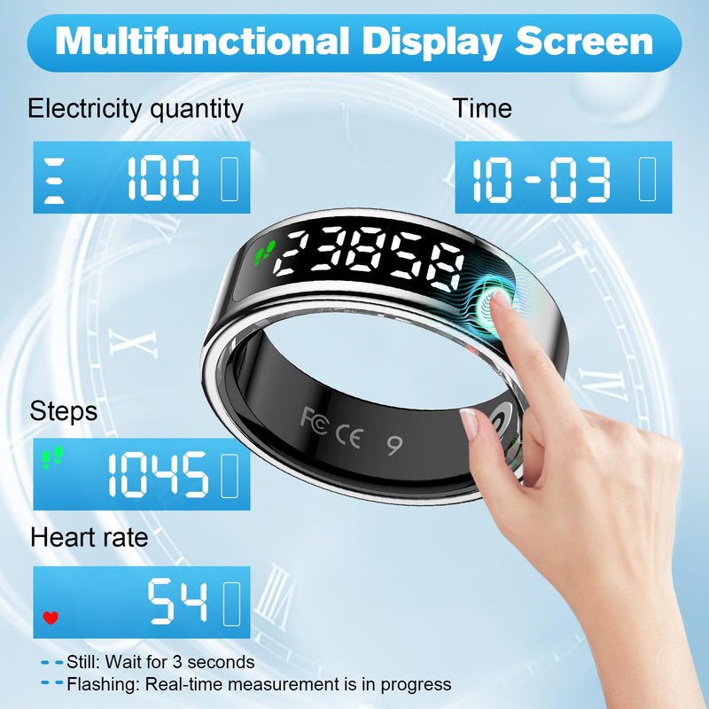 Smart Ring Health Tracker for Men/Women,Fitness Ring Sleep Tracker with LED Display Sreeen,Fast Charging,Health and Sleep Monitoring,Motion Tracking,Female Cycle,Waterproof(Silver,11) 11 Silver