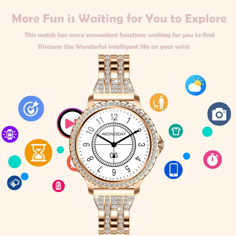 Yihou Luxury Gold Smart Watches for Women, Diamond Round Designer Fitness Tracker Smartwatch for Android iOS Phones with Make/Answer Call Sleep Monitor