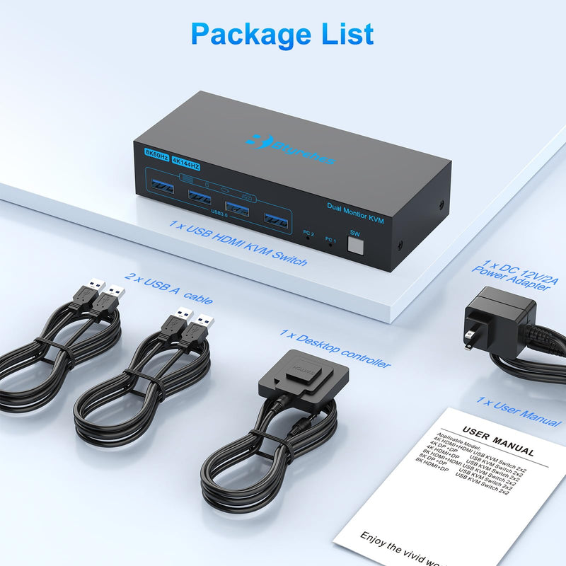 8K HDMI KVM Switch 2 Monitors 2 Computers,Dual Monitor KVM Switches | 8K@60Hz 2 Ports for 2 PC Sharing 4 USB3.0 Port,2 Monitors,Keyboard and Mouse with 2 USB3.0 Cables,Remote Button Plug&play Black HDMI (2 PC 2 Monitors)
