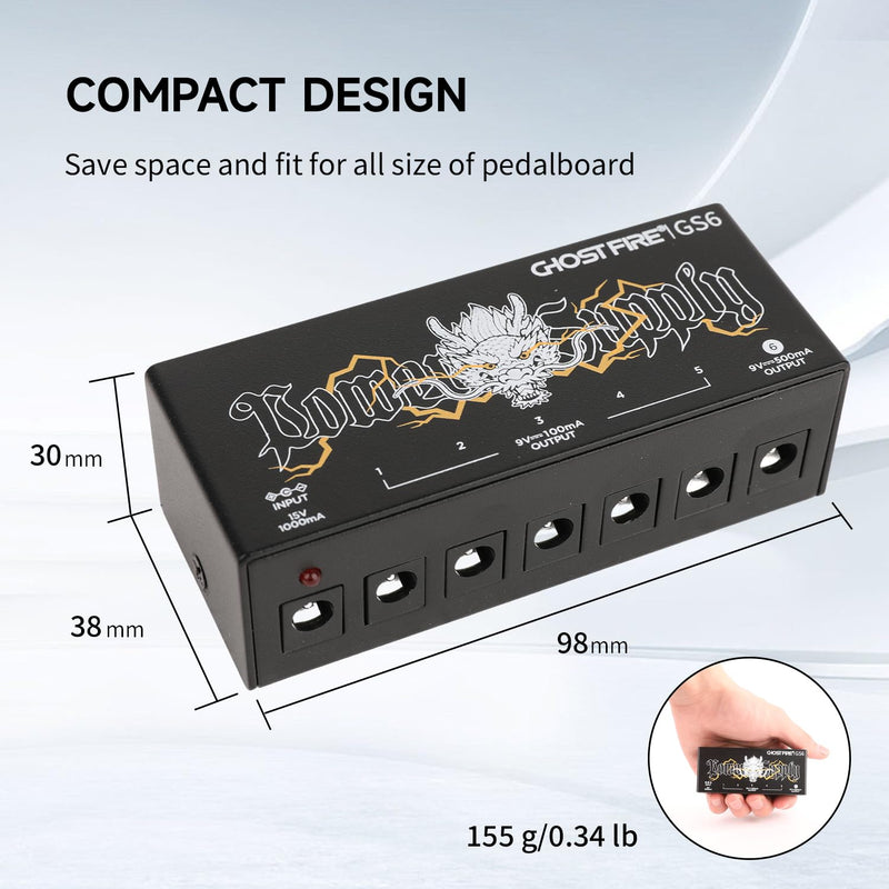 GHOSTFIRE GS10-SV2 GS6 Guitar Pedal Power Supply 9V/1000mA High Current for 9V/12V/18V Effect Pedals (GS6)