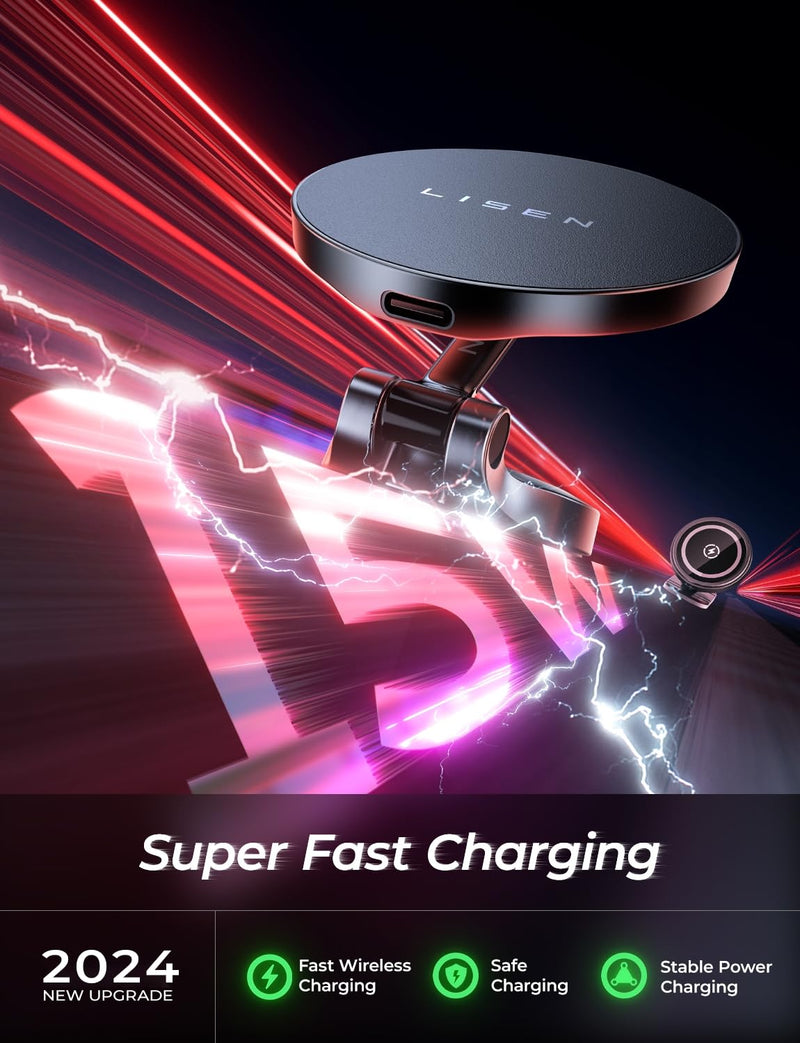 LISEN for Magsafe Car Mount Charger [Fastest Charging Speed] 15W Fast Charging Wireless Car Charger iPhone Car Mount, Phone Holder Mount for Car Dashboard for iPhone 15 Pro Max Plus 14 13 12 Mini Black