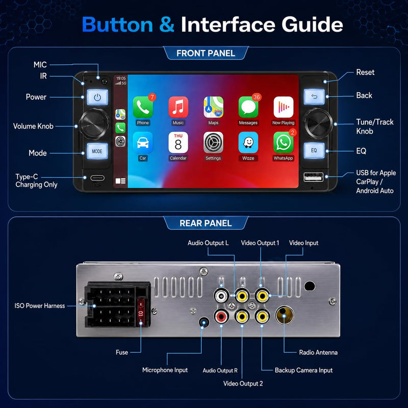 Single Din Car Stereo - Car Radio with Wireless Apple CarPlay Android Auto,HD Touchscreen Radio with Bluetooth 5.2，1080P Backup Camera, Mirror Link,GPS, FM, USB/Type-C Fast Charging, EQ, SWC