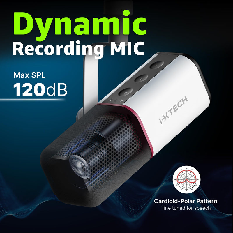 IXTECH Cardioid Dynamic Microphone with Mic Cover, Vocal USB XLR Microphone for Podcasting, Streaming, Recording, Gaming and Voice-Over (White) Dynamic Mic White