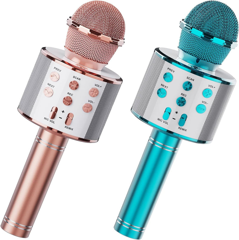 Wireless Bluetooth Karaoke Microphone 2 Pack, 4-in-1 Handheld Mic Speaker for Singing, Karaoke Machine for Phone Android PC, Great Birthday Gifts for Girls Kids Adults for Party,Home KTV,Blue&Rose Blue+Rose