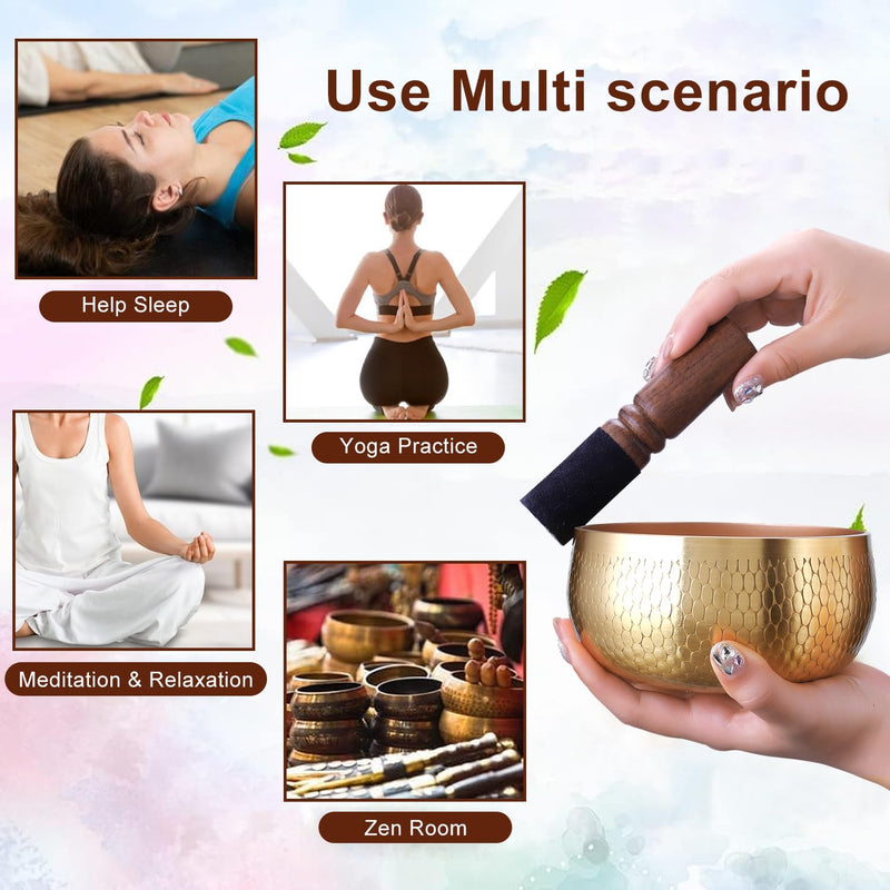 Tibetan Singing Bowl Set — Meditation Sound Bowl Handcrafted in Nepal, Long Lasting Sound for Deep Calming Relaxation, Meditation, and Sound Bowl Healing | Includes Mallet & Cushion(5") (4") 4"