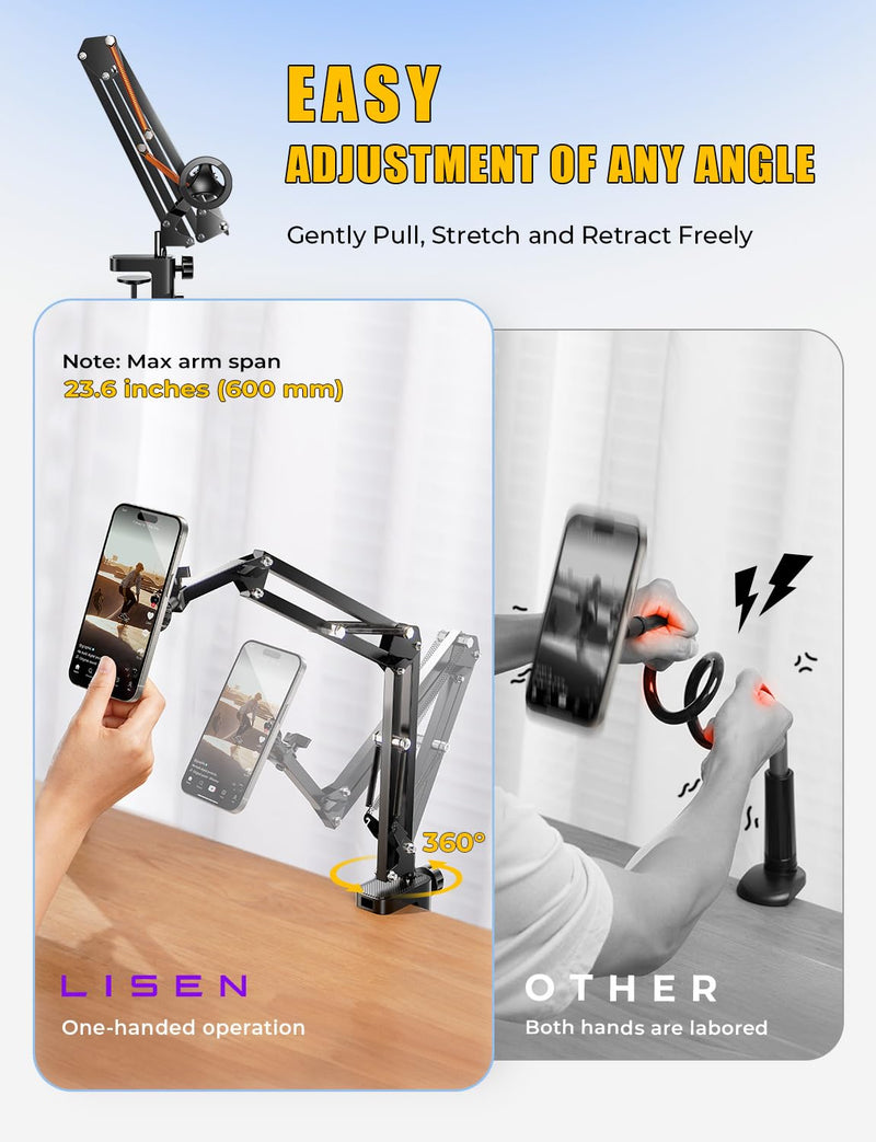 LISEN Gooseneck Phone Holder for Bed Magsafe Phone Stand for iPhone 16 15 Stand Holder for Desk Magnetic Phone Stand Adjustable for Magsafe iPhone Accessories Overhead Phone Mount Bed Accessories