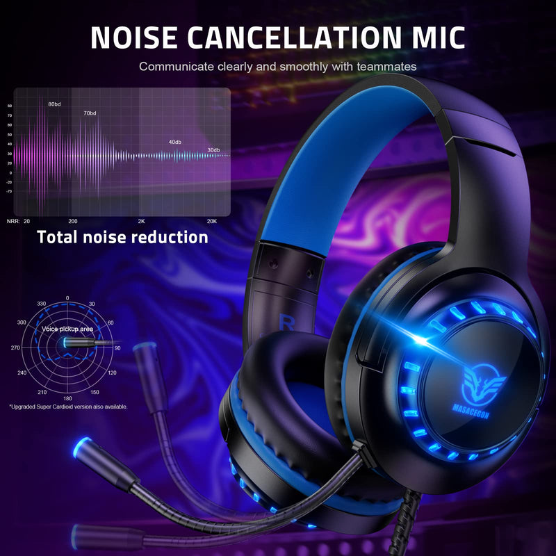 [AUSTRALIA] - Pacrate Gaming Headset for PS5/PS4/Xbox One/Nintendo Switch/PC/Mac, PS5 Headset with Microphone Xbox Headset with LED Lights, Noise Cancelling PS4 Headset for Kids Adults - Blue 