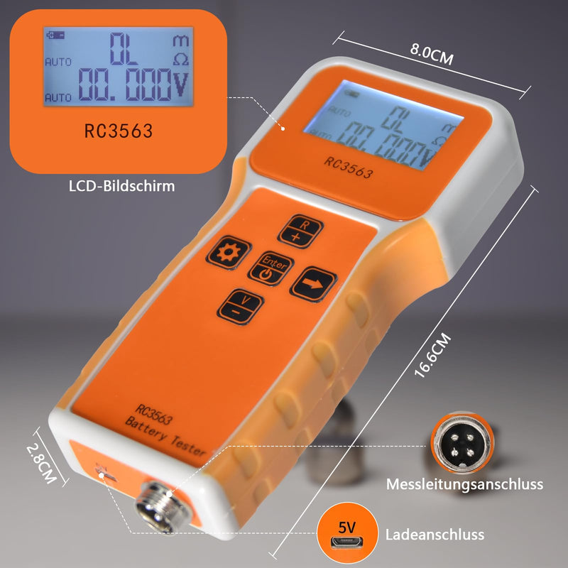 Battery Internal Resistance Meter, Battery Voltage Internal Resistance Meter 1uΩ~200Ω/0~±100VDC, Battery Tester for Lead Acid, Lithium-Ion, Lithium Iron Phosphate, DIY Battery Pack RC3563