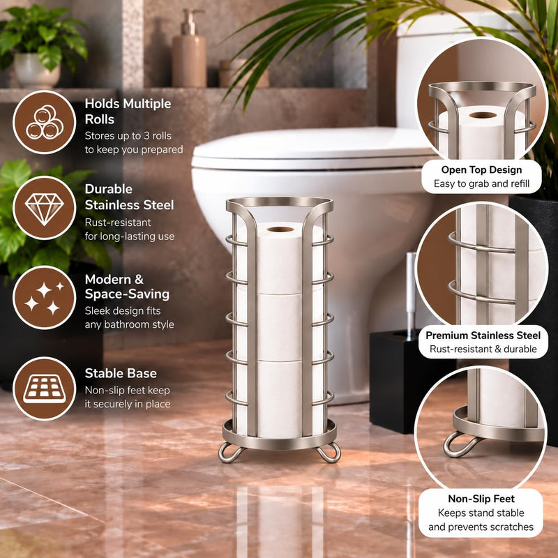 Metal Free Standing Toilet Paper Organizer Stand, 3 Rolls of Jumbo Toilet Tissue Storage, Bathroom Decor Accessory for Under Sink, Vanity, and Inside Cabinet Shelf, Omni Collection, Satin