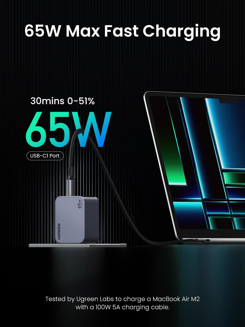 UGREEN Nexode Pro 65W USB C Charger, 3-Port Mini Compact Foldable PPS GaN Fast Wall Charger Block for MacBook Pro/Air M2, Pixelbook, Dell XPS, iPhone 15 Pro/14, Galaxy S24 Ultra, Pixel 8, Steam Deck