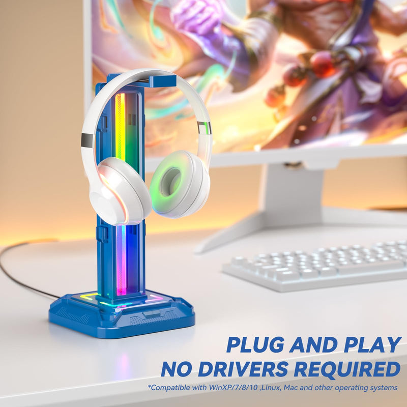 KDD RGB Headset Stand with 9 Light Modes - Controller Holder for Desk - Rotatable Headphone Stand & Detachable Controller Hook for PC Earphone Accessories(Blue) Blue