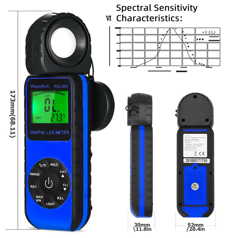 Digital Light Meter WapoRich RQ-881D Illuminance Tester w/Rotatable Sensor 1-400,000 Lux/FC for LED White Light, Plants, Photography, Home & Industrial Use