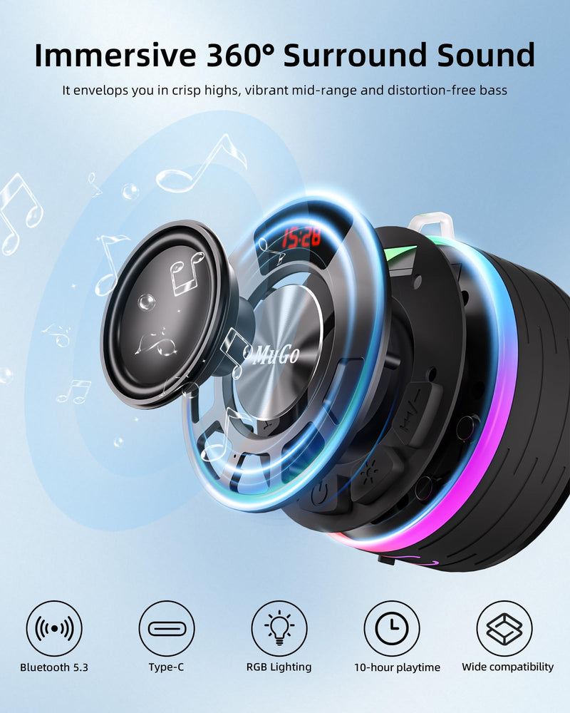 [AUSTRALIA] - MuGo Shower Bluetooth Speaker Waterproof IPX7, 360° HD Stereo Sound Bathroom Speaker Bluetooth 5.3 with RGB Lights, Suction Cup and Microphone, Mini Shower Radio for Home/Party/Outdoor Blue 