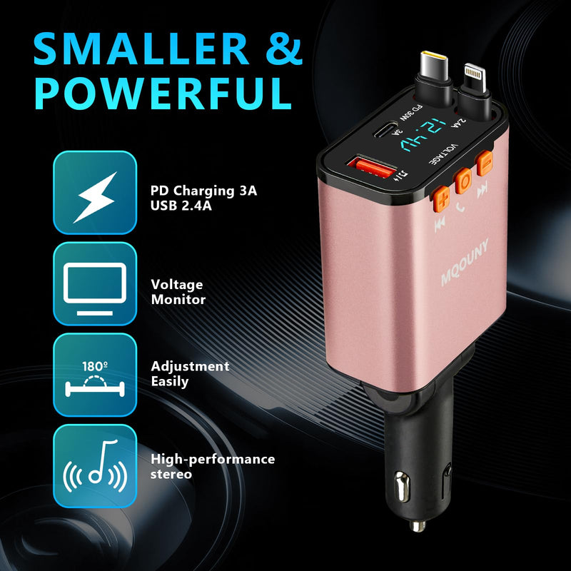 Retractable Car Charger,5 in 1 Fast Cars Phone Charger 60w,Bluetooth 5.3 FM Transmitter Adapter,Handsfree Call,MP3 Player,2 Retractable Cables and USB Chargers, for Phone,Galaxy,Pixel (Pink) Pink