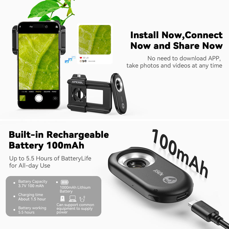 APEXEL Phone Microscope Lens, PhoneMicro 5 Series 150X Phone Micro Lens for Android/iPhone With LED Light/CPL/Universal Clip, Mini Pocket Microscope, Smartphone Camera Attachment for iPhone & Android. MS150 (150X)