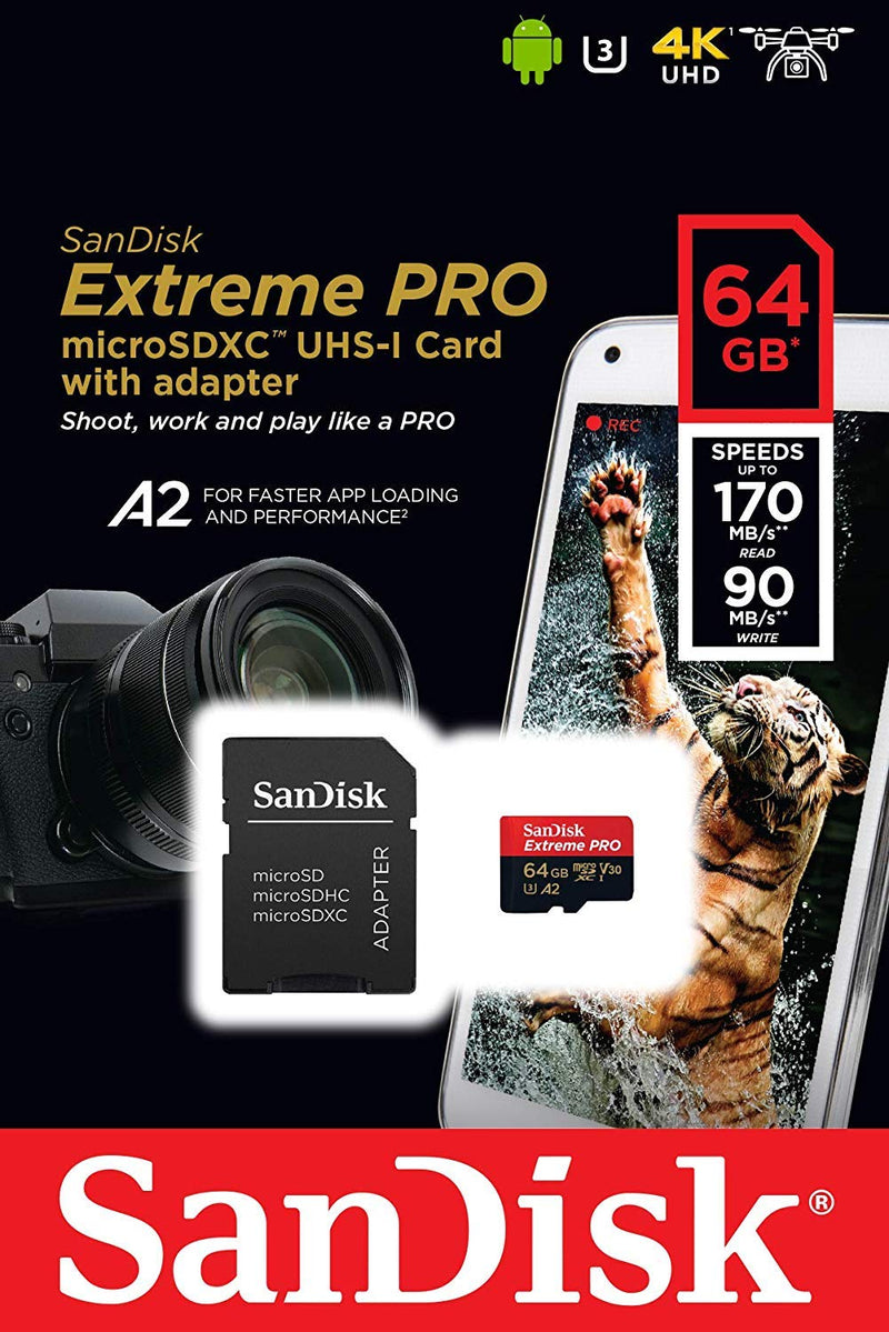 SanDisk 64GB Micro SDXC Extreme Pro Memory Card (2 Pack) Works with GoPro Hero 8 Black, Max 360 Action Cam U3 V30 4K Class 10 (SDSQXCY-064G-GN6MA) Bundle with 1 Everything But Stromboli Card Reader