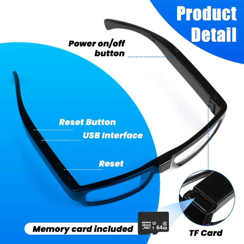 Camera Glasses Video Glasses HD with 64GB Memory Card Recording Glasses Smart Glasses Wearable Eyeglasses for Outdoor Sports