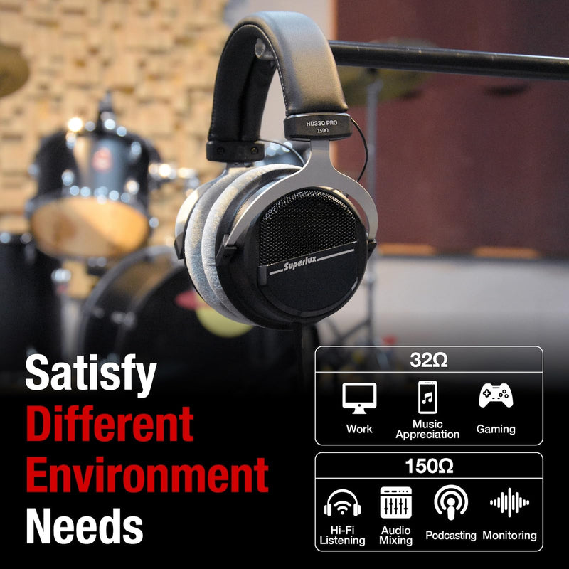 Superlux HD330PRO 32Ω Semi-Open Studio Headphones for Music and Podcasting | For musicians and creators on phones or laptops; 32Ω compatibility, balanced 40mm-driver sound and a semi-open fit.