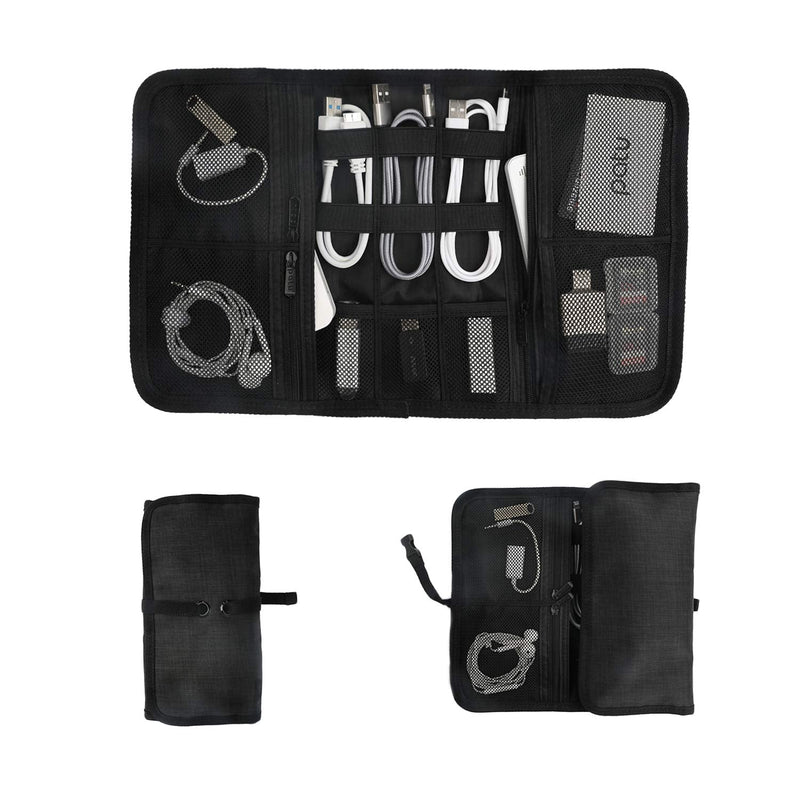 Patu Roll Up Electronics Accessories Travel Gear Organizer Case, Black - Portable Universal External Batteries Hard Drives Cable Management Healthcare Cosmetics Kit Bag