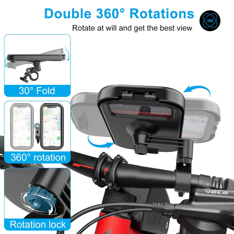 Bike Phone Holder Waterproof, Motorcycle Phone Mount, iPhone Bike Handlebar Mount, Double 360°Rotations, Compatibility with 18-35mm Handlebar and Suitable for 4.7-6.8 inch Smartphones