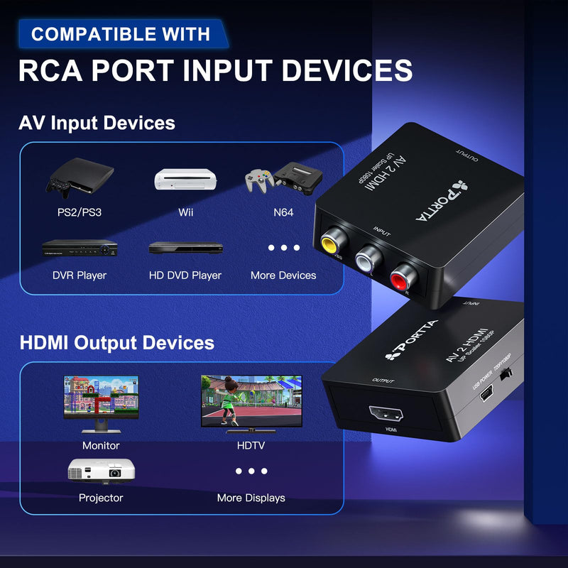 Portta RCA to HDMI Converter, Composite CVBS to HDMI Adapter Upscaler 720P/1080P, AV to HDMI Video Converter, Support PAL/NTSC Compatible with PS3, TV, PC, STB, Xbox, VHS, VCR, Blue-Ray DVD (Black) AV converter Black