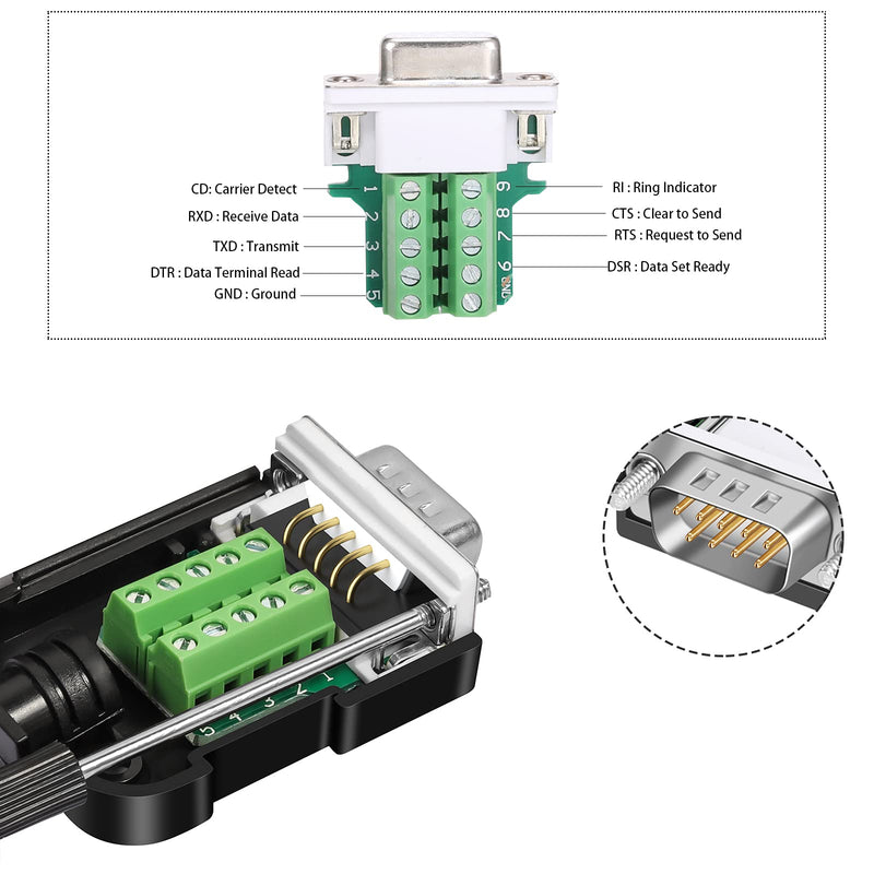 Dbilida DB9 Solderless Connector (3Male+3Female), DB9 Breakout Connector RS232 D-SUB Serial to 9pin Port Terminal with Case 3Male+3Female