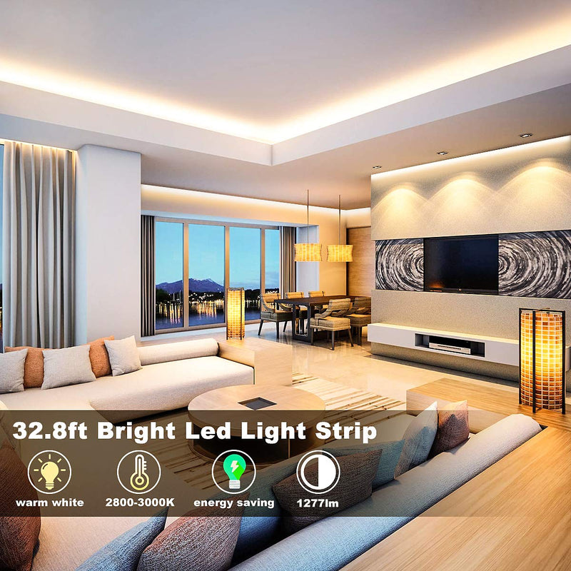 MY BEAUTY LIGHT LED Strip Lights Warm White,32.8ft Dimmable LED Light Strip with RF Remote,600 Bright 3000K 2835 LEDs,Plug-in Adhesive Rope Lights with Timing Mode for Living Room Bedroom Kitchen 32.8ft