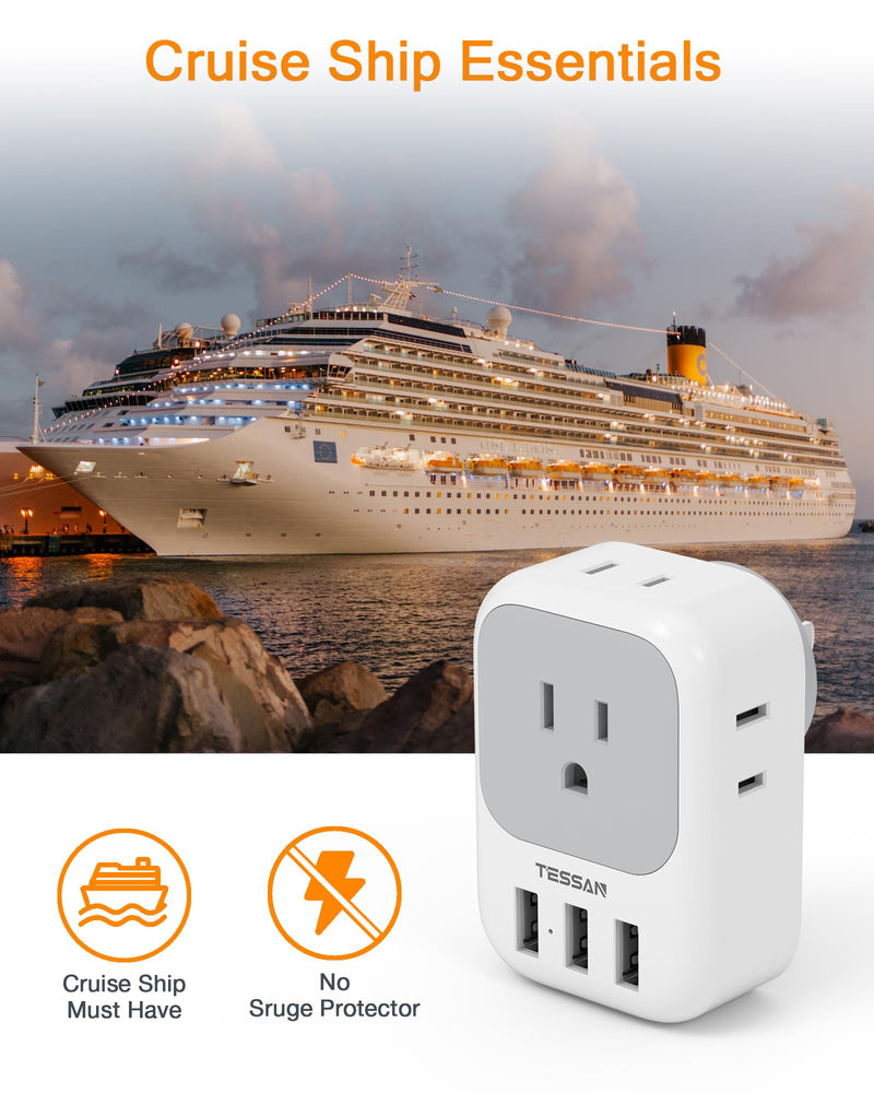 [AUSTRALIA] - USB Charger Block, TESSAN USB Plug Adapter with Electrical 4 Box Splitter 3 USB Wall Charger Ports, Multi Plug Outlet Extender Charging for Cruise, Travel, Office, Dorm Essentials Grey USB-A 
