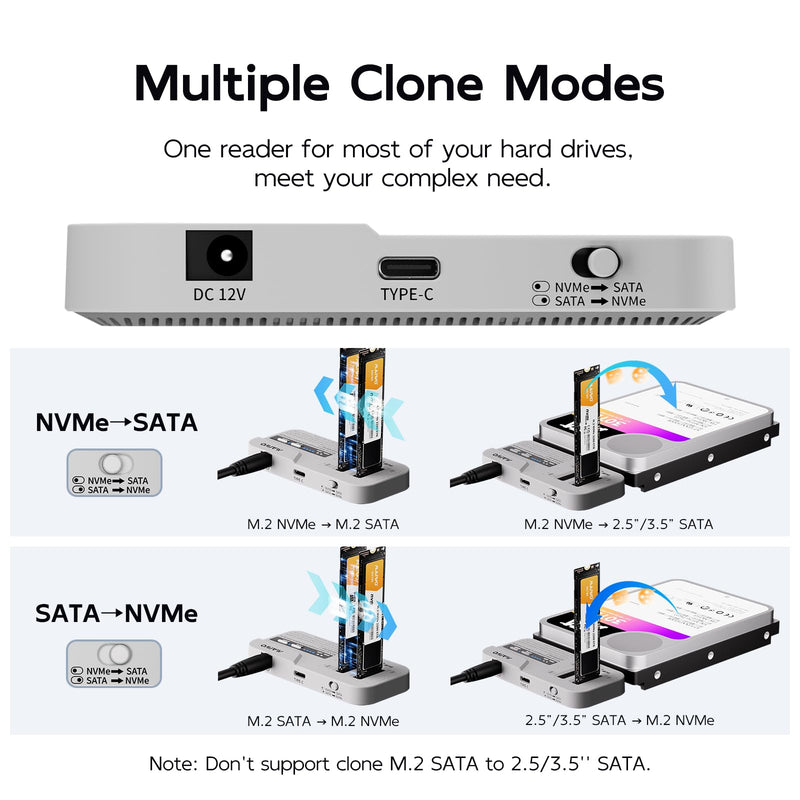 MAIWO M.2 NVMe to 2.5 3.5 SATA SSD HDD Cloner, USB-C 10Gbps SATA to NVMe Bidirectional Clone Docking Station, Tool-Free Hard Drive Reader Adapter Duplicator (K10835N)