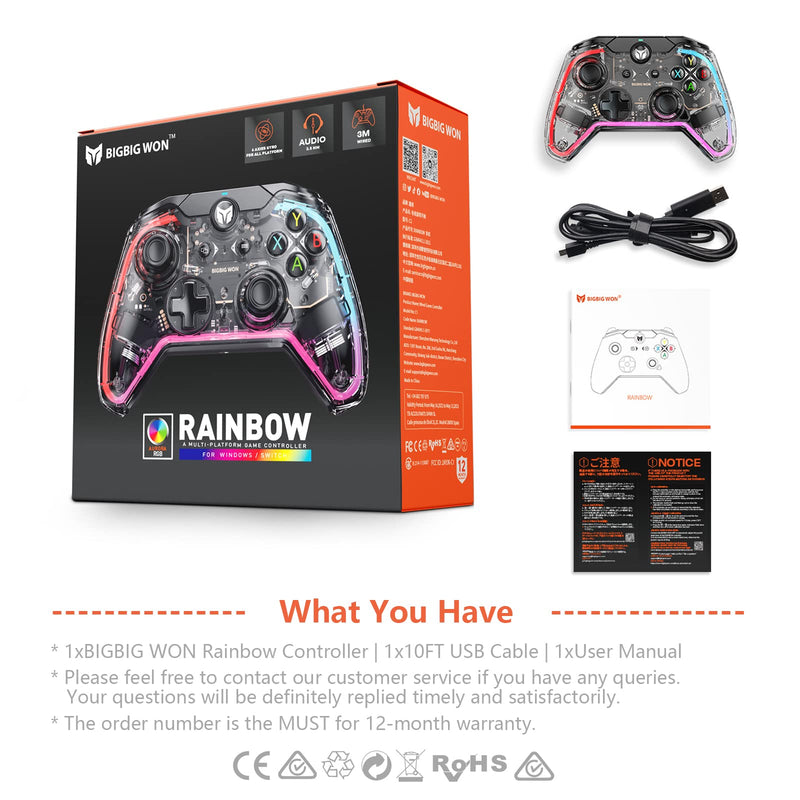 PC Controller, BIGBIG WON Rainbow Wired Game Controller RGB Light, Custom Back Button, Motion Aim, Dual Motor, Linear Trigger, 3.5mm Audio PC Gaming Controller for Win11&10 Controller for Switch - 1pc