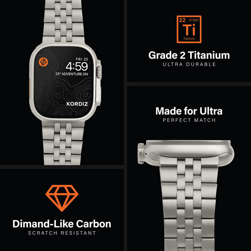 KORDIZ Titanium T03 Band for Apple Watch ULTRA 3 / ULTRA 2 / ULTRA (49mm) — Refined Iconic Design, Lightweight Grade 2 Titanium with Butterfly Clasp — Premium Luxury Bracelet for Men Natural Titanium