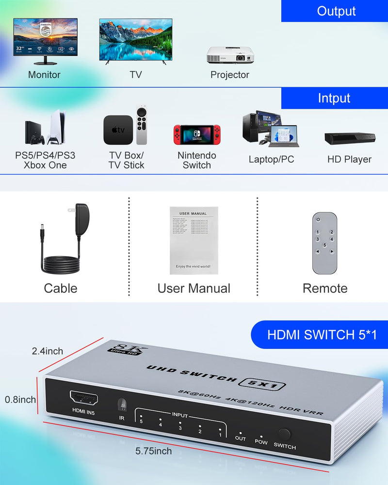 [AUSTRALIA] - 8K HDMI Splitter 5 in 1 Out HDMI Switch - 4k 120Hz HDMI 2.1 Switch Box Port Expander Selector with Remote Support 3D/HDR/HDCP2.3 Vision, Compatible with PS 5/4/3 Xbox Switch DVD Player TV PC 