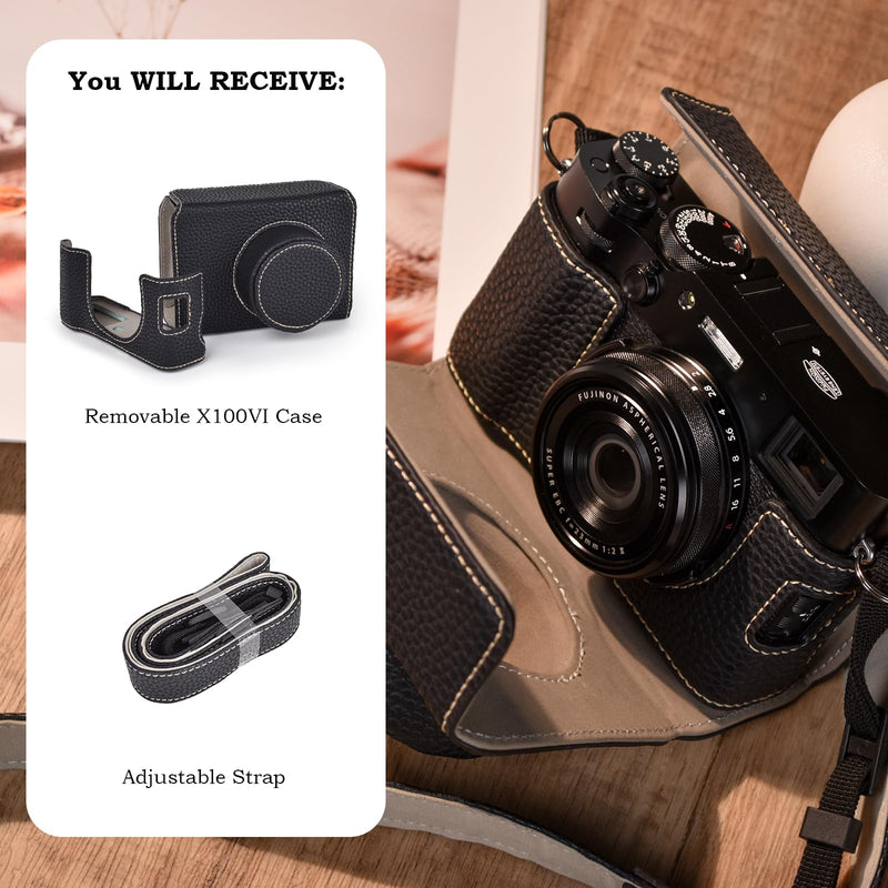 X100VI Case,Camera Half Case for X100VI,PU Leather Camera Case Compatible with X100VI Digital Camera with camera strap - Black
