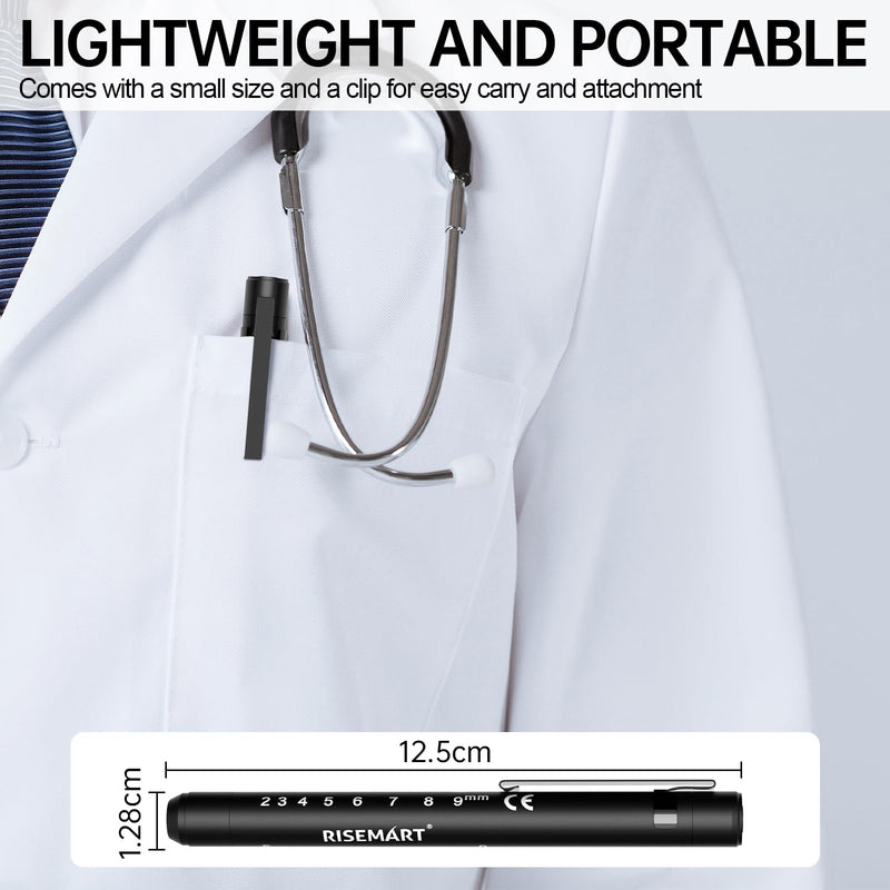 RISEMART Pupil Light Diagnostic Light with Pupil Meter and Ruler, Warm/Cool White, Rechargeable USB LED Pen Lamp for Nurses, Students, Doctors (Black) black