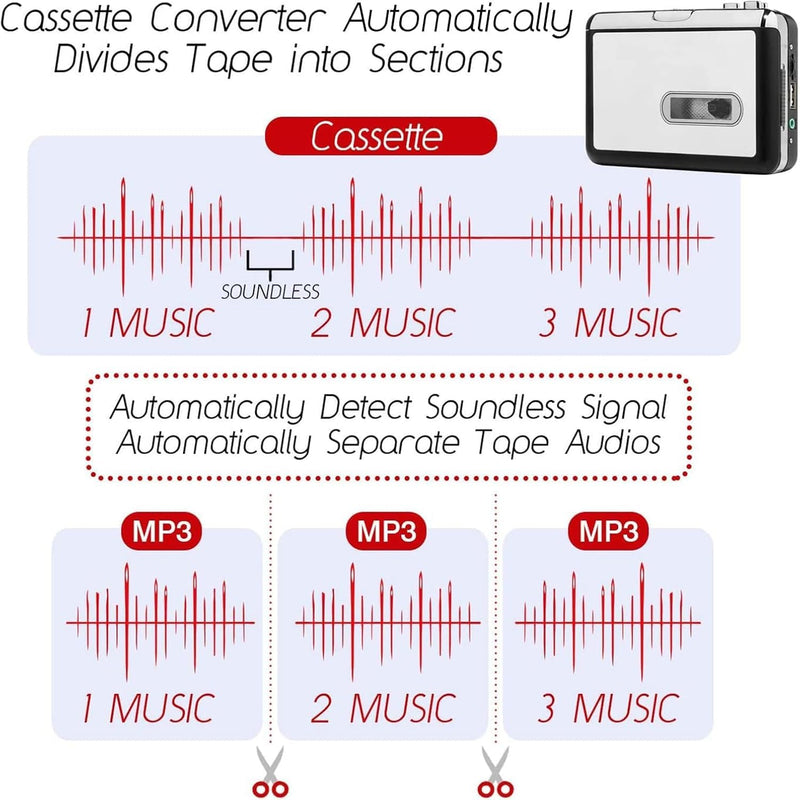 [AUSTRALIA] - Reshow Portable Cassette Tape Player, Best Overall Standalone USB to MP3 Converter, Audio Cassette to Digital Converter Automatically Divides -Silver Silver 