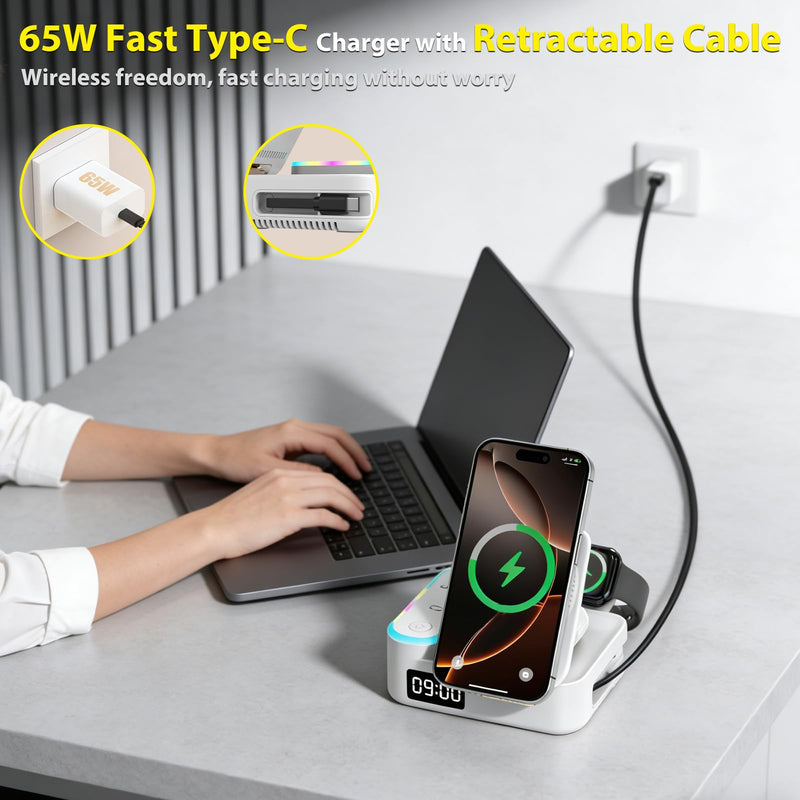 65W 8-in-1 Wireless Charging Station for Apple Samsung Multi-Devices, 3-Ports USB A/C Retractable Charger Stand/Desktop Orgnaizer for iPhone17/16/Galaxy 26/iPad/iWatch AirPods for Home Office, Family White