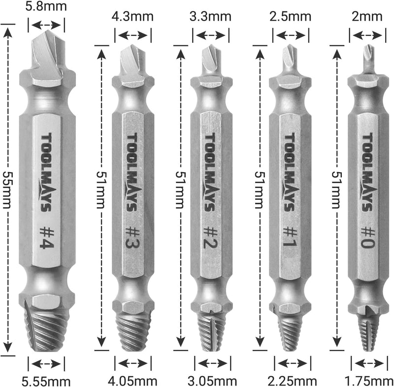TOOLMAYS Screw Extractor Set, 5 Pieces Left Extractor Set, Max. Hardness up to 66 HRC, Damaged Screw Remover Extractor Set 2-in-1 solution