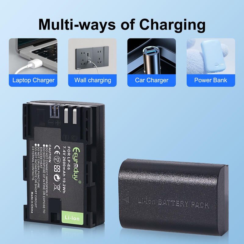 2600mAh 2-Pack of LP-E6 Batteries and Dual Battery Charger Replacement LP-E6 LP-E6N for Canon EOS R R5 R6 R7 60D, 70D, 80D,90D, 5DS R, 5D Mark II III IV, 6D, 7D, C700, XC15 Cameras